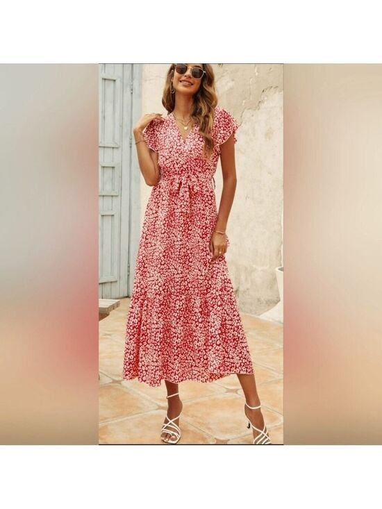Fantaslook Dresses & Skirts - Fantasticlook NWT Women's Ruffle Sleeve Belted Boho Midi Dress, L, Red & White